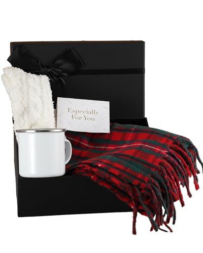 Winter Scarf for Woman Christmas Gift Box Sets Warm Soft Plaid Scarf Socks with Gift Box Card for Mom Wife Friend2