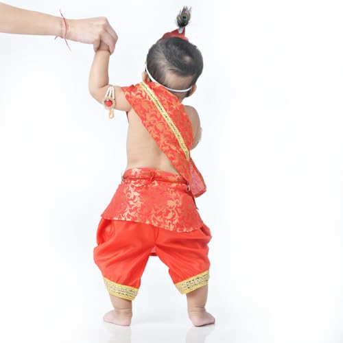 Image of ITSMYCOSTUME Krishna Dress for Baby Boy Kids Set of 10(Dhoti,Hip Cover,Patka,Mukut,Morpankh,Bansuri,Kamarband,Bajuband,Kundal) Little Krishna Ji Kanha Janmasthmi Costume