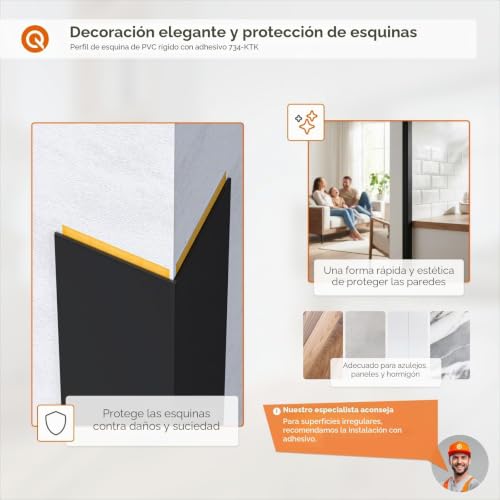 Miniatura 3 de Quest Perfil Angular De Pvc, De Plástico, Autoadhesivo, Protección De Bordes Y Esquinas, Listón Angular, 50x20mm, 200cm, Gris Oscuro