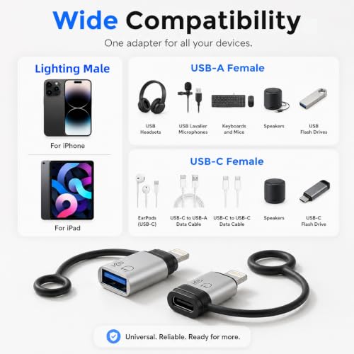 Image of Verilux Lighting Female to Type C Male Converter (2-Pack), Lighting Male to USB-A Female USB 3.0 Connector, Support OTG Function with 480Mbps Transfer Speed for iPhone (Not Support Calling) Silver