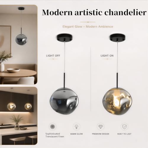 Image of Modern Gray Glass Pendant Lights with 2 Pack, 7.9 inch Concave Mini Pendant Light Fixtures with Adjustable Hanging Cord, Kitchen Island Lighting for Dining Room Bedroom Bar,entryway,Hallway
