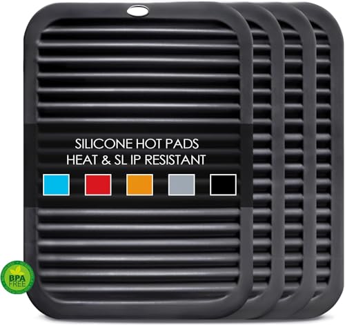 Image of Silicone Trivets for Hot Pots and Pans, 4 Pack Heat Resistant Pot Holders for kitchen, Large Silicone Trivet Mat for Hot Dishes, Black Hot Pads for Kitchen Counter, Hot Mats Spoon Rest, 9 * 12 Inches