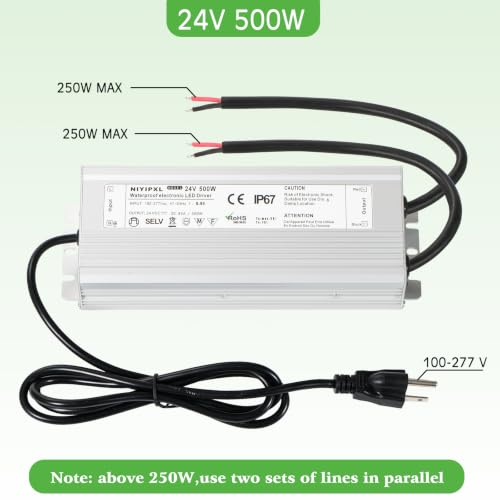 Image of LED Driver 500 Watts(250W X2) 24V DC Transformer,Waterproof IP67 Power Supply, Adapter with 3-Prong Plug 4.9 Feet Cable for Any DC led Lights, Computer Project, Outdoor Light