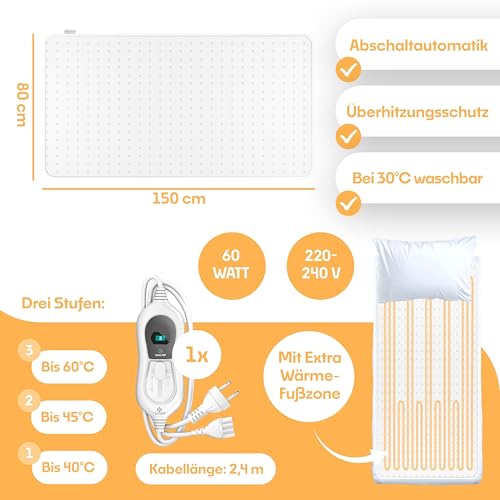 KESSER® Wärmeunterbett 150x80cm mit Abschaltautomatik Fernbedienung | Heizdecke mit 3 Temperaturstufen | Wärmebettunterlage fürs Bett Matratzenheizung | Wärmedecke aus weichem Vlies Heizkissen Weiß