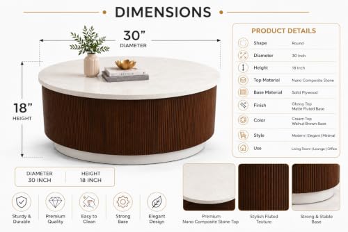 Image of WOODEN SPACE Round Marble-Top Wooden Center Table for Living Room | Modern Entryway Furniture | Coffee Table - 30X30X18 Inch (Fluted Brown)