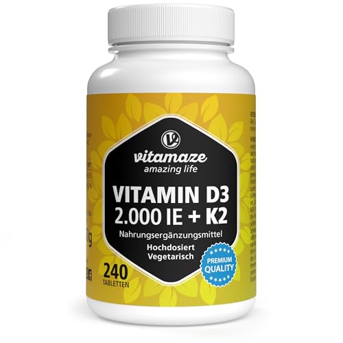 Vitamin D3 K2 2000 IE mit Vitamin K2 MK7 >99% All Trans Form 1+ Jahre Vorrat 240 Tabletten Vitamin D ohne unnötige Zusatzstoffe in Deutschland hergestellt