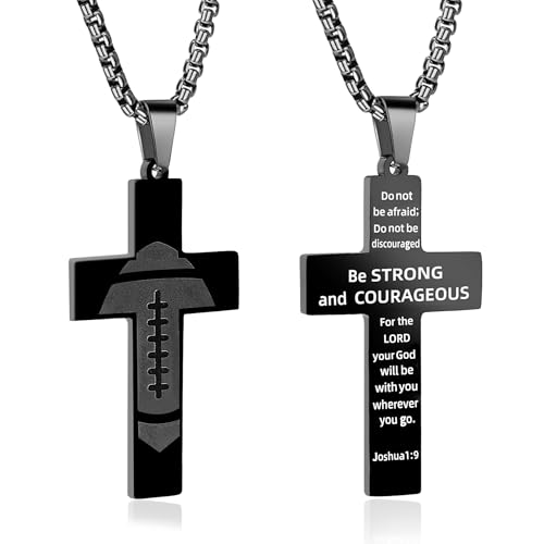 Football Cross Necklace for Men.Black Cross Necklace for Men.Sport Stainless Steel Bible Verse Pendant Necklaces Gifts,First Communion Baptism Religious Pendant Chain Gifts