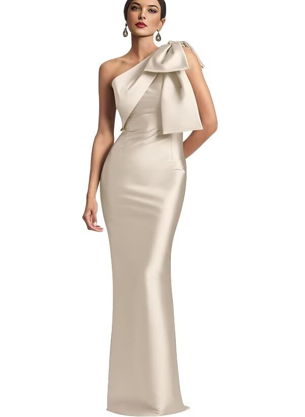 Image of One Shoulder Bridesmaid Dresses with Bow Long Mermaid Satin Back Slit Mother of The Bride Dresses PM004