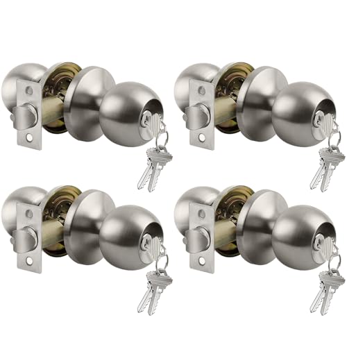 4 Pack BESTTEN Door Knob with Lock and Key Keyed Different Satin Nickel