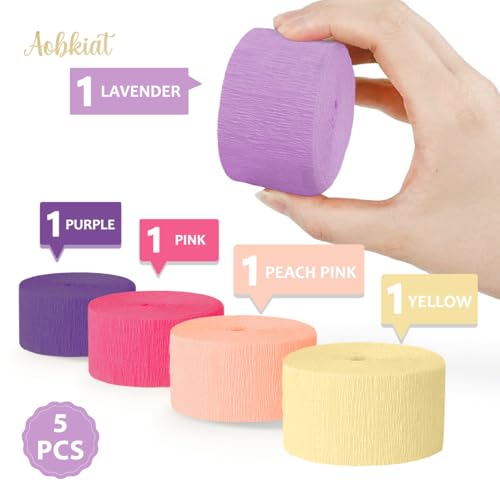 Image of AOBKIAT Purple Hot Pink Yellow Streamers Party Decorations,5 Rolls | Colorful Crepe Paper Streamers for Birthday Baby Shower Wedding Princess Butterfly Fairy Theme Party,DIY Tassel