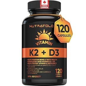 Nutratology Vitamine K2 + D3 | Fabrication canadienne la plus haute puissance 120 MCG/1000 UI – 120 capsules – Aide à mainte