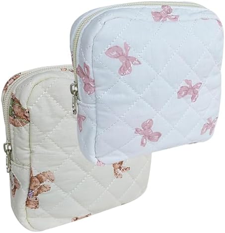 2 Pack Small Quilted Cotton Makeup Bag for Purse, Cute Cosmetic Bag with Compartments Bows, Bear Pouch Travel Toiletry Bag, Small Essential Organizer Lipstick Holder (Bear+Bow)