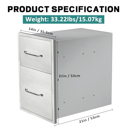 Image of Outdoor Kitchen Drawers 14 inch W x 21 inch H x 21 inch D Stainless Steel Drawer BBQ Double Drawers with Chrome Handle for Outdoor Kitchen Island, Patio Grill Station