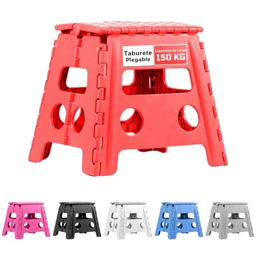 EasySpeed Taburete Plegable de Plástico PVC, 29x22x39cm, Antideslizante, Portátil, Capacidad de Carga 150kg, para Cocina, Baño o Dormitorio, Rojo