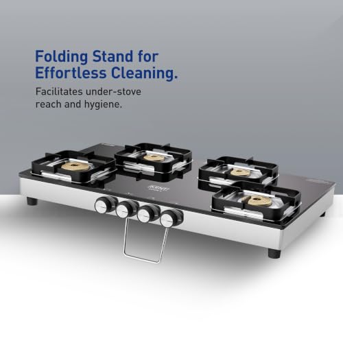 Image of KENT Avion Gas Stove 4 Burner | Toughened Glass Top 8mm | SABAF Italian Gas Valve | Forged Brass Burner | Metallic Knob | Heat Resistance Coating | Cleaning Stand | LPG /PNG Compatible | 5Yr Warranty