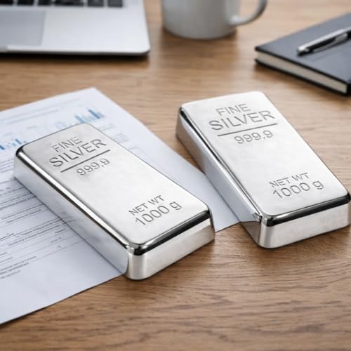 Image of ZAHEPA Realistic Metal Silver Bar Paperweight for Office Table, Fake Silver Biscuit Paper Weight Table Decoration, Prop for Jewellery Shop & Heist Theme, Unique Gift for Home & Office (Pack of 2)