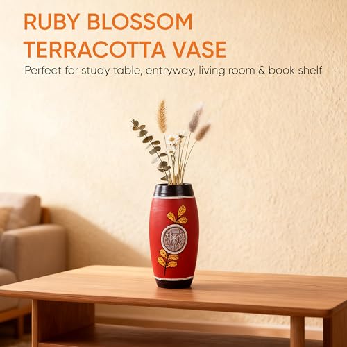 Image of Aakriti Art Creations Ruby Blossom Red Terracotta Barrel Vase | Handmade Matte Finish Floral Art Decorative Flower Vase | Living Room Table Decor, Shelf Showpiece & Housewarming Gift