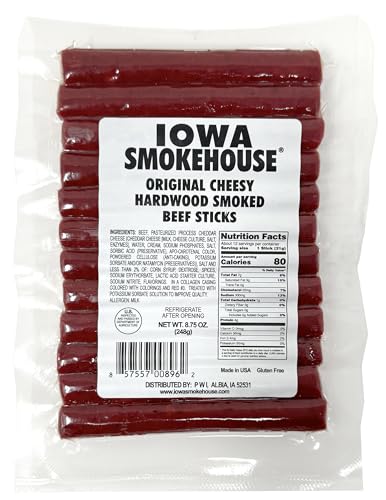 Iowa Smokehouse Cheesy Beef Sticks Hardwood Hickory Smoked Meat Sticks 8.75 Ounce (12 Sticks)