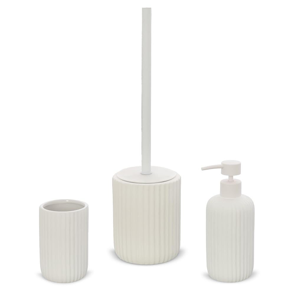 Accessori bagno da appoggio in set 3 pezzi in abs bianco e bambù Surf