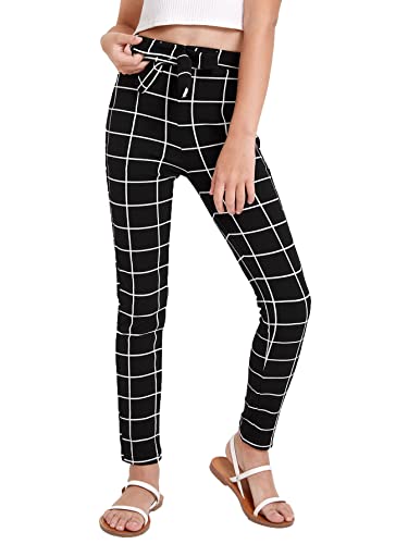 WDIRARA Girl's Stretchy Plaid Paper Bag Waist Skinny Legging Pants with Pockets