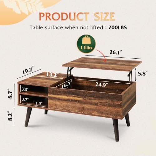 Image of WLIVE Lift Top Coffee Table with Hidden Storage, Adjustable Shelf, Brown