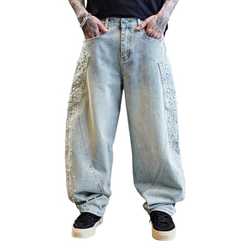 Men Baggy Pearl Jeans Casual Wide Leg Denim Pants Streetwear
