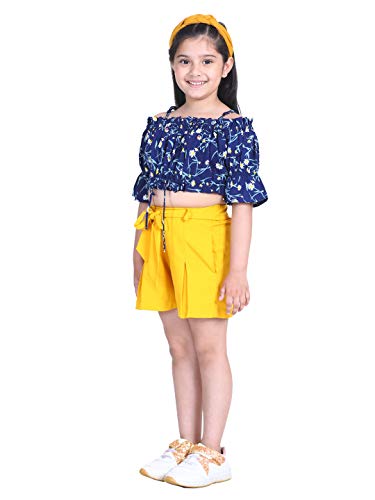 Image of Naughty Ninos Girls Navy Blue Floral Printed Top with Yellow Shorts