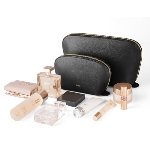Kattee Leather Makeup Bag, Travel Cosmetic Bag Set, Toiletry Bag Organizer for Women, 2-PACK, Black2