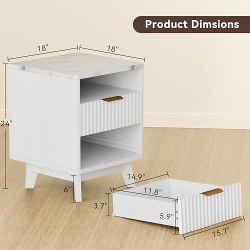 Image of Fluted Nightstand with 2 Drawers, 18 inch Modern Night Stand with Faux Marble Top, Open Storage Shelf, Curved Edge Bedside Table for Bedroom, End Side Table (2, White)