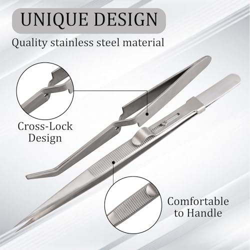 WANDIC 6 Pcs Stainless Steel Tweezers, Bent Cross Locking Tweezers Non-Slip Grip Tweezers for Electronics Laboratory Jewelry Craft - Image 3