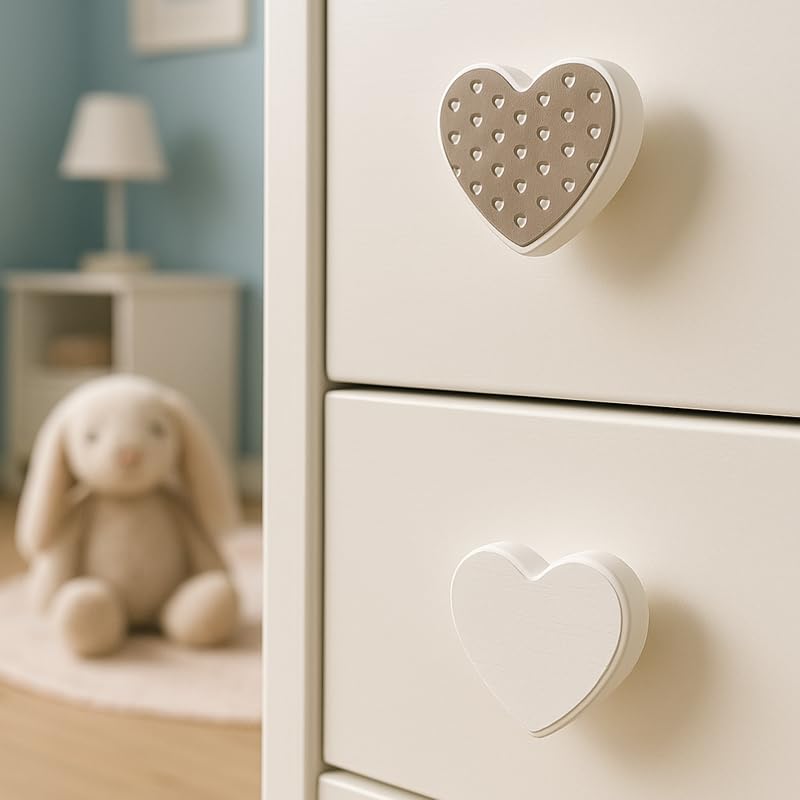 KIT 6 Pomoli in Legno a Forma di Cuore – Bianco e Tortora – Manopole per Camera Bambina, Cassetti e Armadi – Viti Incluse