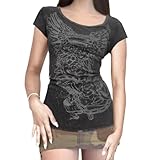 Women Grunge Graphic Short Sleeve Tees Y2k Gothic Crew Neck T Shirts Vintage Aesthetic Emo Top 90s E-Girls Clothes Grey