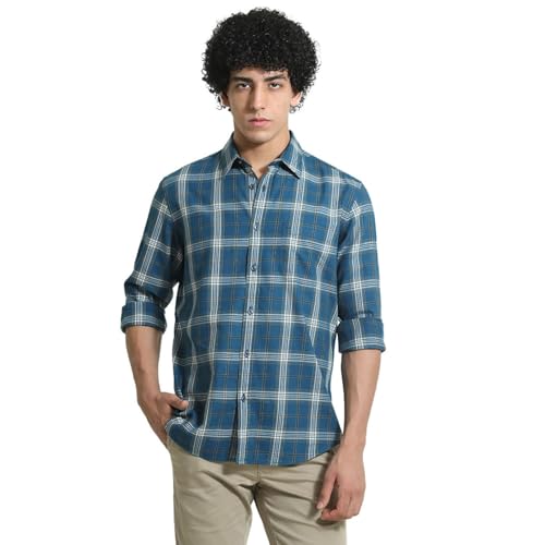 Image of BASICS 100% Cotton Checked Shirt for Men | Slim Fit | Everyday Smart Casual Wear | Full Sleeve