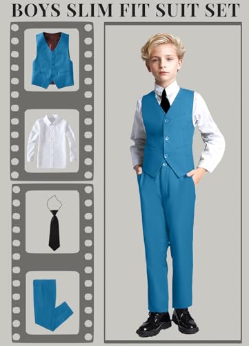 Image of YuanLu Toddler Boys Formal Suits Set,Vest Pants Dress Shirt and Tie for Kids Boy Wedding Ring Bearer Oufit