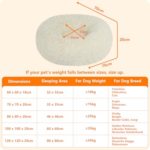 HMTOPE Orthopädisches Hundebett rund Hundekissen Hundesofa Katzenbett Donut Kuscheliges Hundekorb Waschbar, 70 cm Ø, Beige