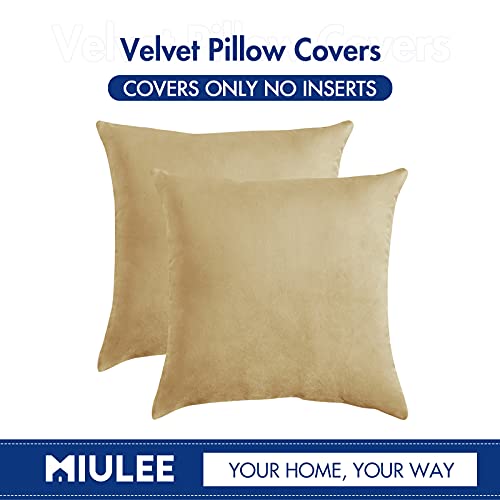 Image of MIULEE Pack of 2 Khaki Velvet Throw Pillow Covers 14x14 Inch Soft Solid Decorative Square Set Cushion Cases for Couch Sofa Bedroom