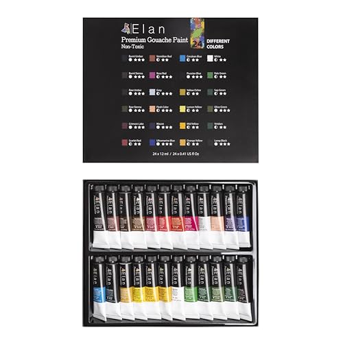 Elan Gouache Farben Set, 24x Premium Gouache Farben Tuben 12ml Ungiftig, Premium Flüssige Gouachefarben Set Professional