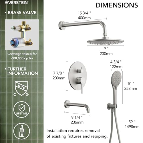 Sistema de ducha Rainfall con rociador de mano, conjunto de grifería para baño de pared de alta presión de 9" con caño para bañera, acabado níquel cepillado miniatura 3