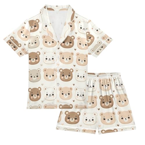 ALAZA Cute Bear Love Brown Pajamas Satin Pajama Set Short Sleeve Button Down Sleepwear