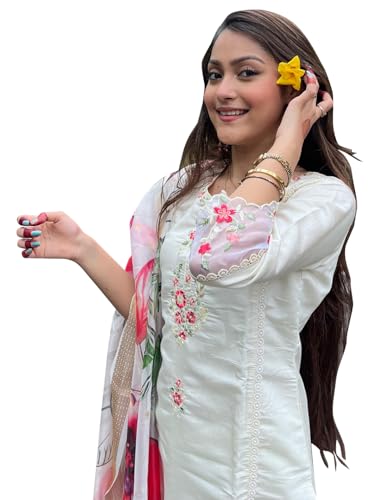VredeVogel Kurta Set with Dupatta | Viscose Roman Silk Embroidere...