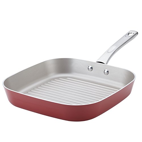 Ayesha Curry 10746 Porcelain Enamel Nonstick Square Grill Frying Pan Small Sienna Red