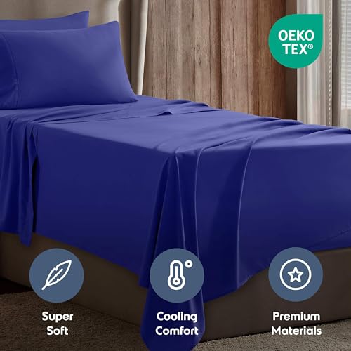 Image of Nestl Twin Bed Sheet Set - Royal Blue - 3-Piece Deep Pocket | Instantly Soft, Night-One Ready (No Wash Required). Fits 16-Inch Deep Pockets, 360-Degree Elastic Grip