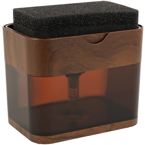 Image of S&T INC. Dish Soap Dispenser and Sponge Holder, Plastic Walnut and Amber