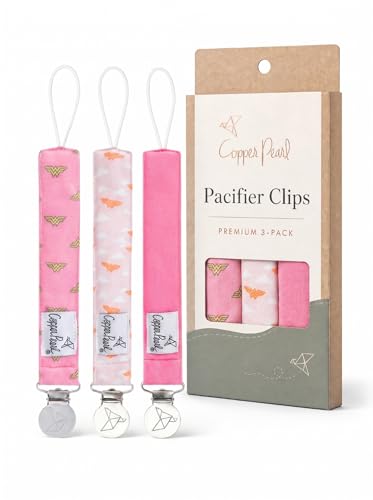 Image of Copper Pearl 3-Pack Pacifier Holders: Premium Knit Binky Clips for Baby Girls and Boys - Stylish Stainless Steel Design for Secure No-Drop Attachment - Wonder Woman