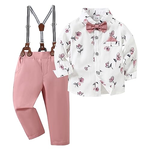 Image of nilikastta Toddler Boy Outfit Boy Suit Boy Dress Shirt with Bowtie/Suspender Pants Gentleman Wedding Outfits 1-10 Years