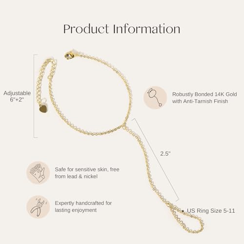 Hand Chain Bracelet 14k Gold Non-Tarnish Birthstone Finger Ring Bracelet for Women 6" to 8" Adjustable length3