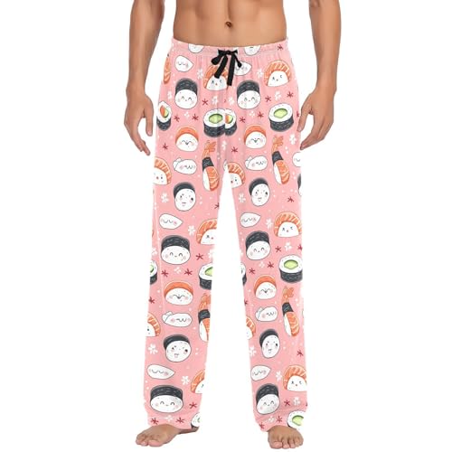 Men's Sushi Kawaii Pattern Pajama Pants with Pockets - Straight Fit Cotton Sleep Bottoms for Lounge & Nightwear#8802