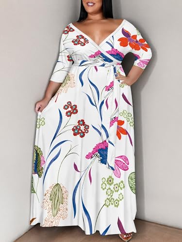 Image of PinkPatty Women's Plus Size Maxi Dress Print 3 /4 Sleeves V Neck Party Sundress Wedding Guest Dresses