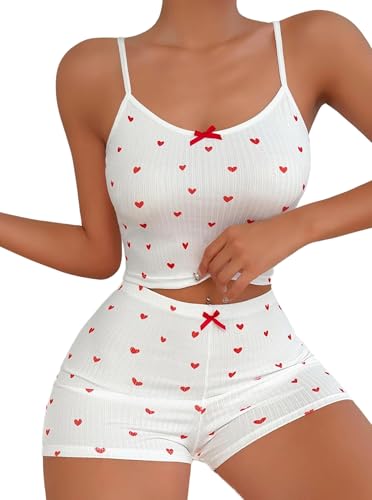 Image of Hilinker Womens Graphic 2 Piece Pajama Set Summer Cute Crop Cami and Shorts Ribbed Lounge Sets