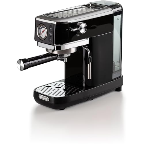  Ariete Espresso Slim Metal 1381, macchina da caffè con manometro, compatibile con caffè in polvere e cialde ES, max 15 bar, filtro da 1 o 2 tazze, ugello cappuccino, 1300 W, nero
